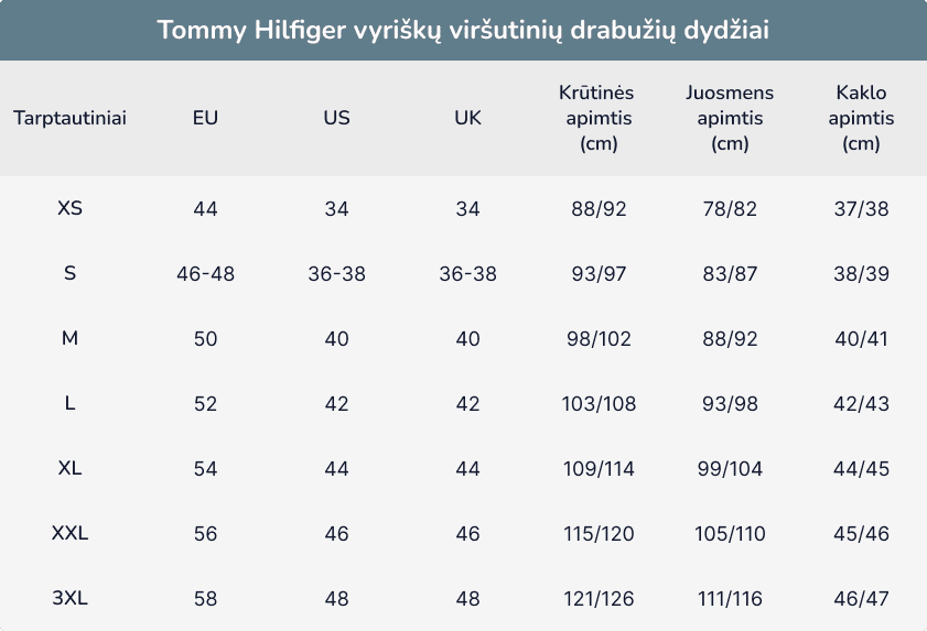 Tommy Hilfiger vyriškų viršutinių drabužių dydžiai.